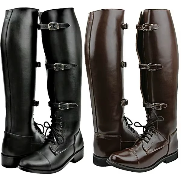 Herren Mode Runde Zehenkappe Schnürstiefel mit Schnallen Flache Kniestiefel für Männer Kreuzgebundene Motorradstiefel Vintage Reitstiefel in Unifarben – Detail 3