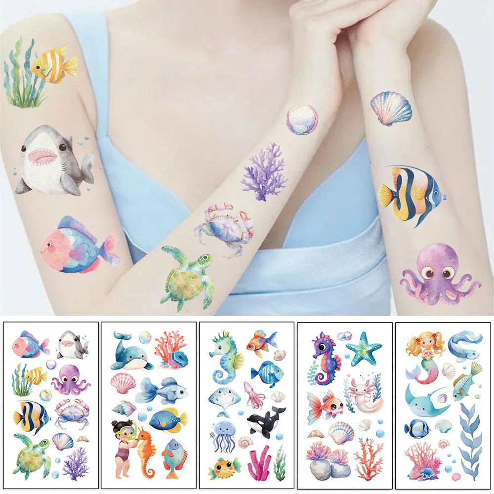 Kids Cartoon Ocean Animal Temporary Tattoo Stickers Waterproof Sweatproof Fun Underwater Party Supplies Premium Non Toxic