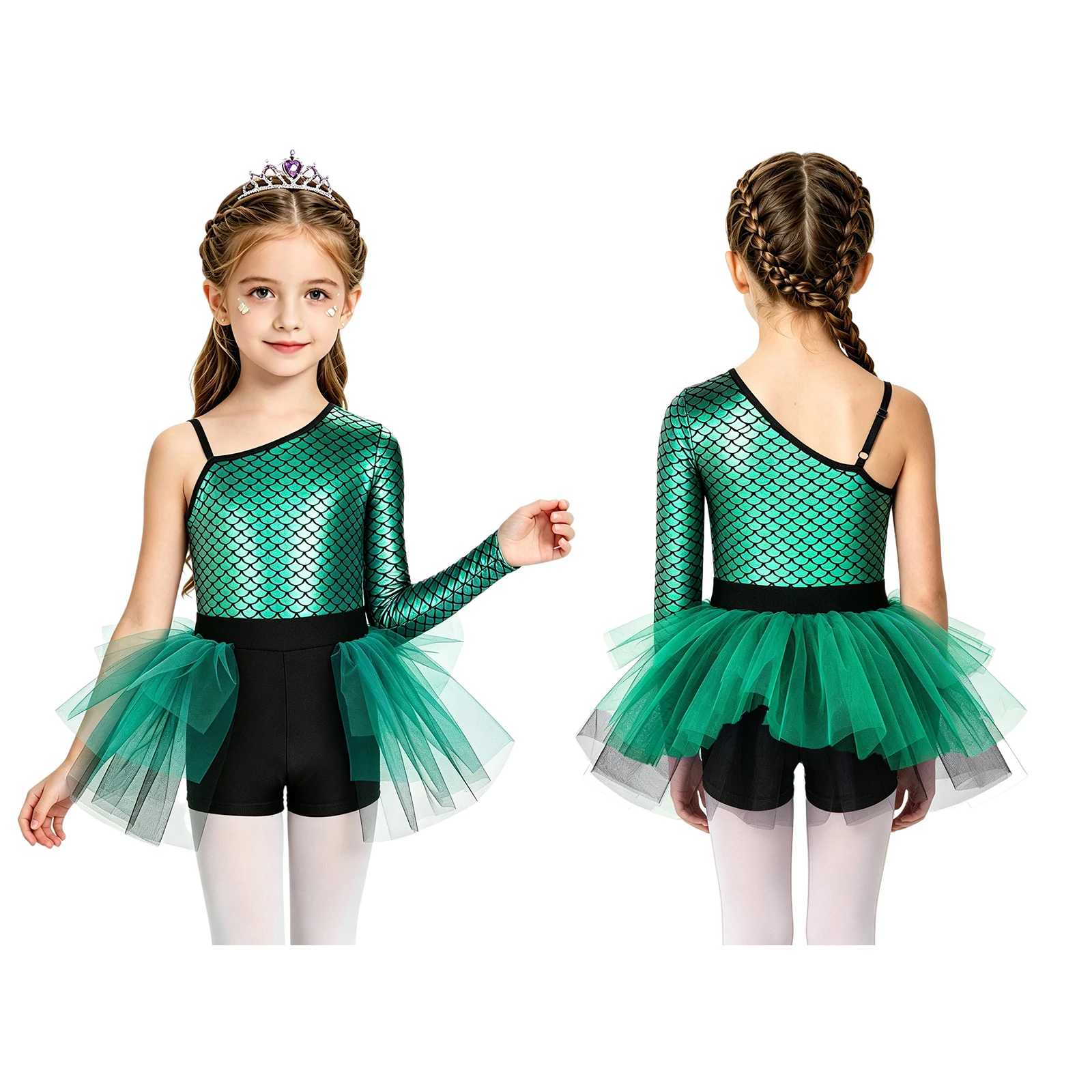 Kids Girls Metallic Shiny Fish Scale Print Mermaid Leotard Dress Ballet Dance Gymnastics Tutu One Shoulder Bodice Tulle Jumpsuit