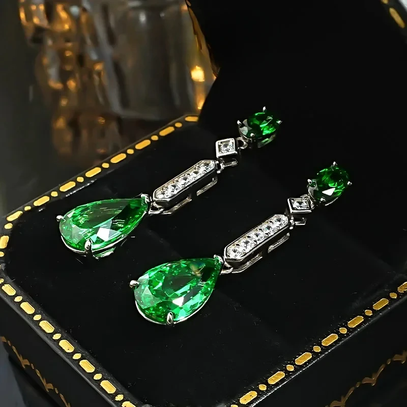 Shaffley Green Water Drop Earrings 925 Silver Gold Plated Earrings Light Luxury Niche Grandmother Green Wedding Jewelry