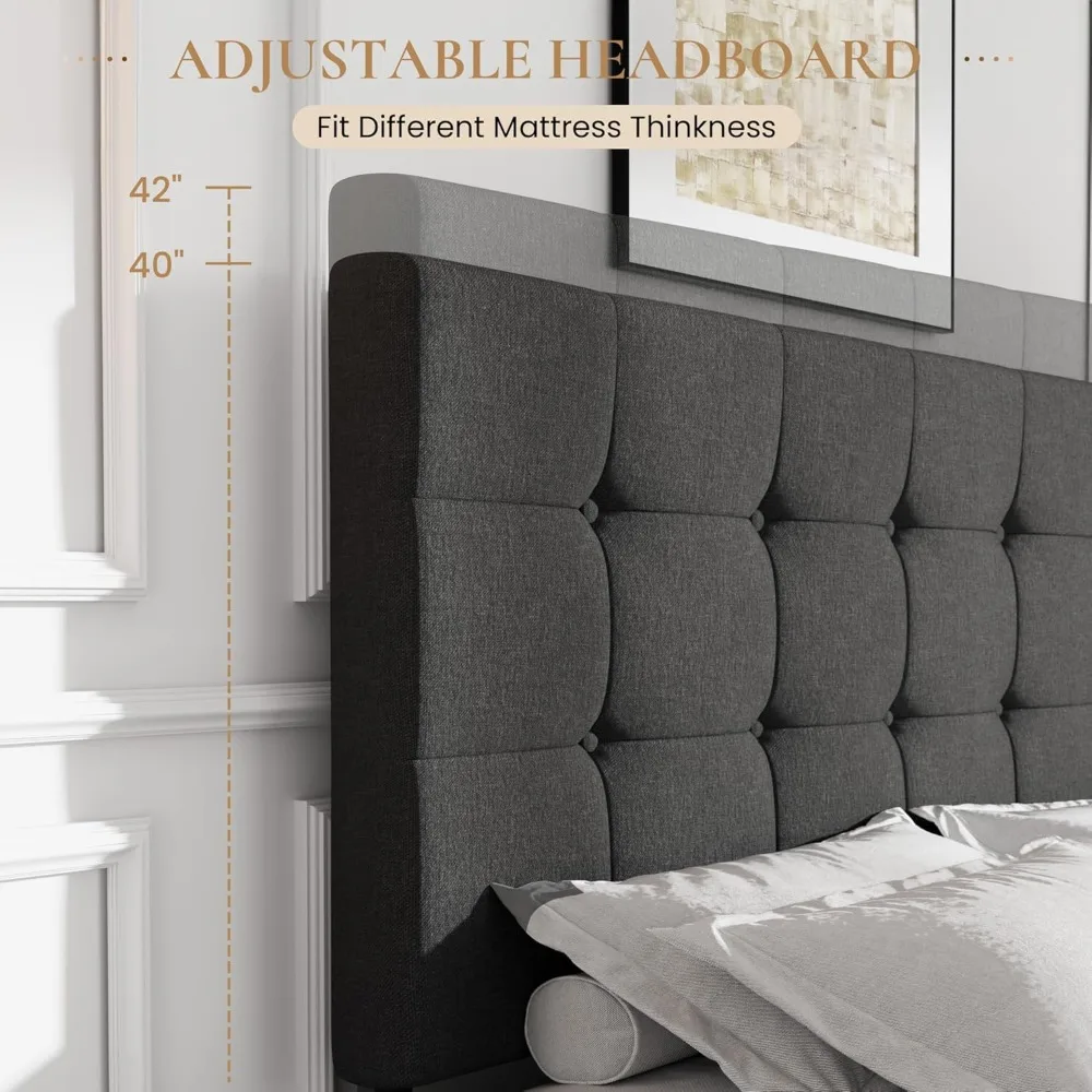 إطار سرير منجد بحجم كوين من CERLIN مع 4 أدراج تخزين، لوح رأسي قابل للتعديل مع زر مخيط مربع Tu