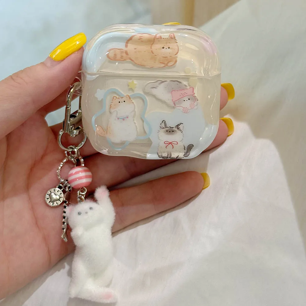 Cartoon-Kopfhörerhülle für Apple Airpods 4 ANC, Niedliche Katzen-Wellenschale für Airpods 1 2 3 Pro Pro2, Anhänger für Kabellose Bluetooth-Kopfhörer
