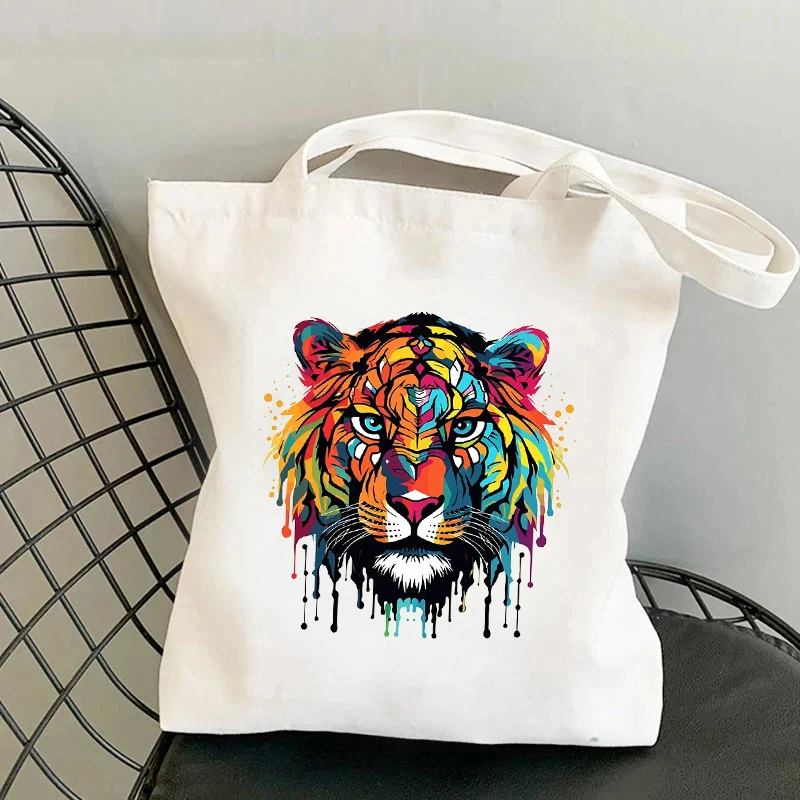 Animal Pintado Canvas Tote Bag, Dinossauro Tigre Impresso, Grande Capacidade Sacos De Ombro, Supermercado Saco De Compras, Organizador De Viagem, Novo