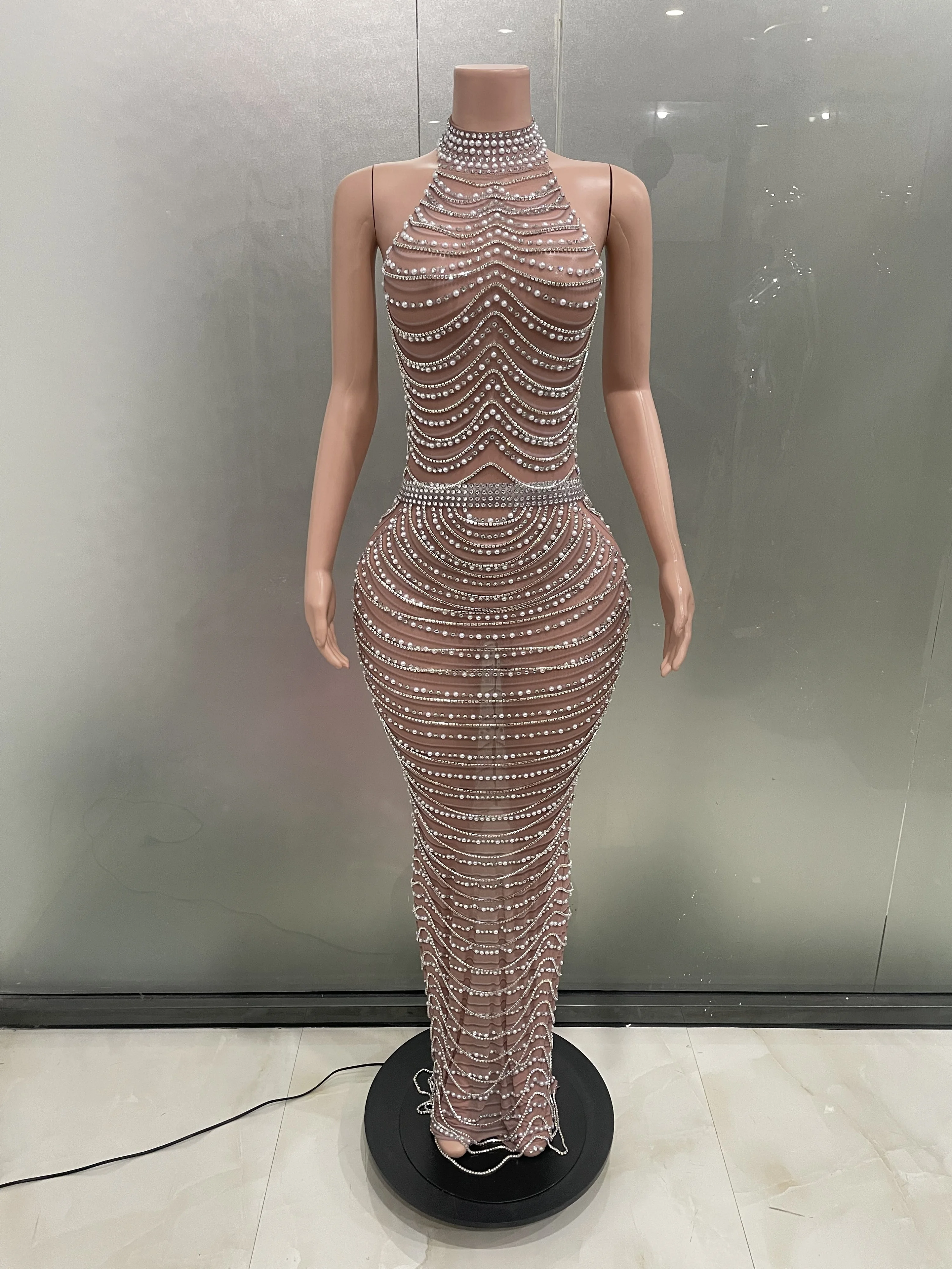 Luxury Silver Rhinestones Pearls Sexy Mesh Transparent Backless Nude Dress Women Evening Birthday Celebrate Crystals Costume