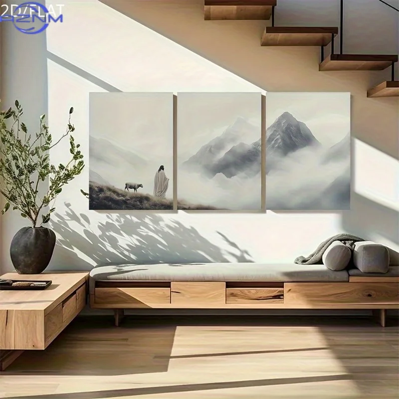 Lot de 3 décorations LakelzDecor 2D/PLAT Jésus quittant le berger perdu, Ensemble de 3 figurines de montagne, Amoureux de Dieu, Décoration intérieure, Foi et Pastorat, Parfait