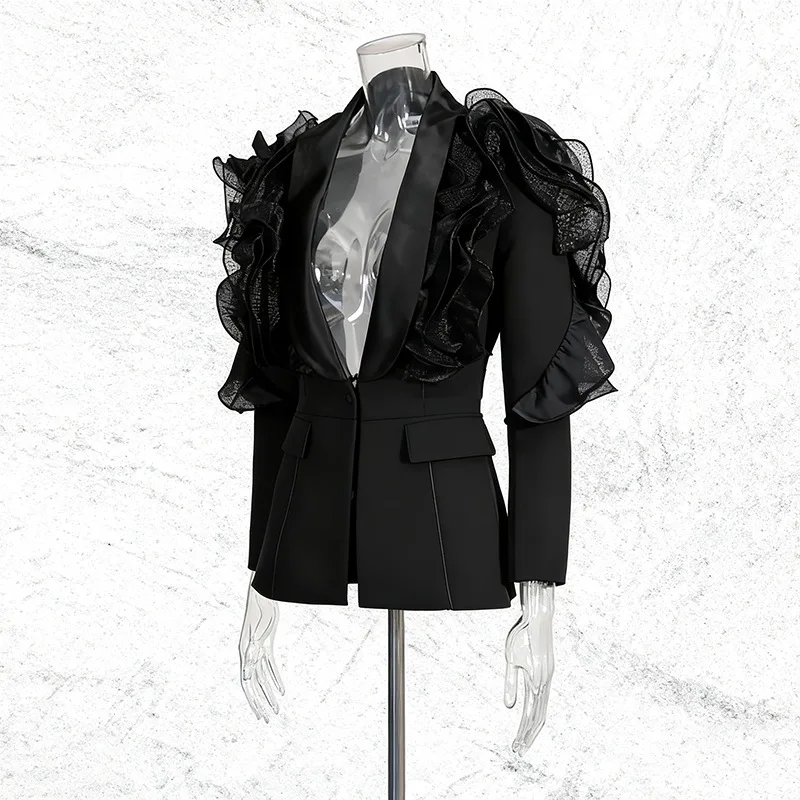 ZAMOR HIGH END Australian Show Style Sexy Blazer 2026 New 3D Ruffle Spliced Deep V-Neck Unique Design Blazer Women's Outerwear