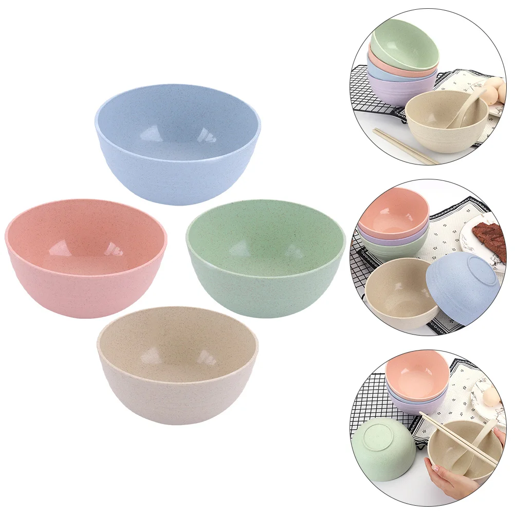 

4 pcs Large Capacity Straw Salad Bowl Set Thickened Plastic Serving Bowls For Noodle Fruit Mixing Kitchen Use Non-Slip Base