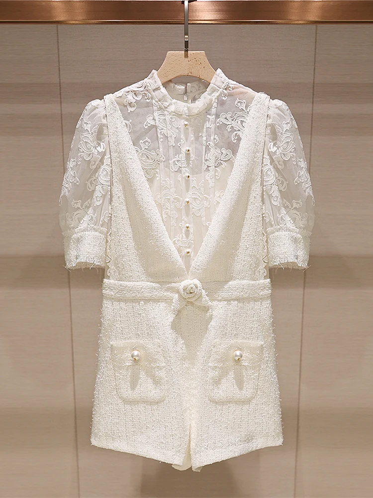 Combinaison courte en dentelle blanche pour femme, vêtements pour femme, été 2025, tenue de travail, taille haute, pantalon, détail de broderie florale