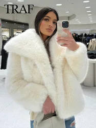 TRAF 2023 Faux Fur Coat For Women Fashion Long Sleeve Loose White Coat Female Vintage Solid Streetwear Women's Casual Outerwear