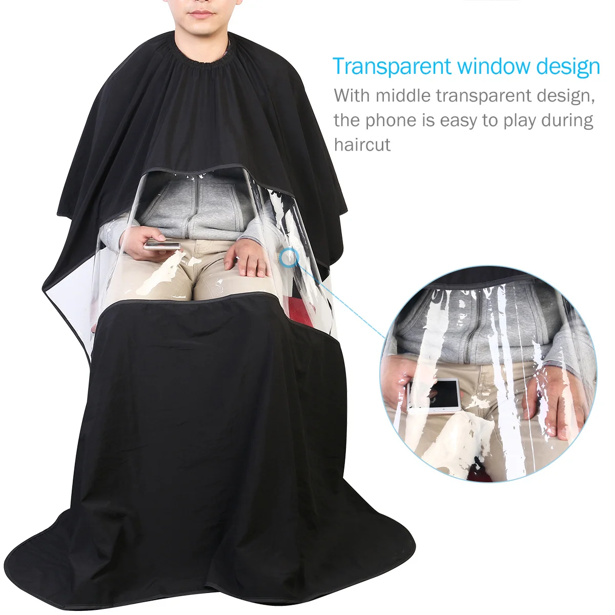 

151x128cm Hairdresser Gown Black Waterproof Hairdressing Cape Transparent Phone Window Barber Cape Long-Lasting Stitching