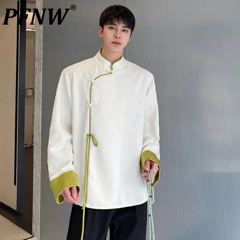 

PFNW Jacquard Contrast Color Male Shirts Standing Neck Long Sleeve Men's Shirt Autumn New Chinese Style Trendy Chic Top 9C5133