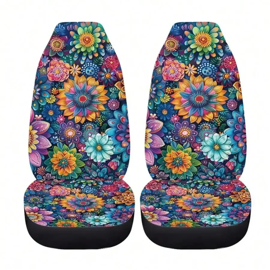 

2pcs Colorful Boho Floral Print Car Seat Covers Universal Front Seat Protectors For Adults