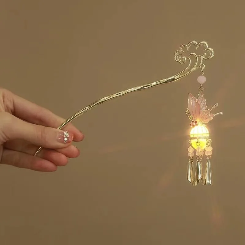 Leuchtende Blume Haarnadel Für Frauen Kreative Lotus Emittieren Licht Laterne Quaste Haar Stick Vintage Chinesischen Stil Metall Haar Zubehör