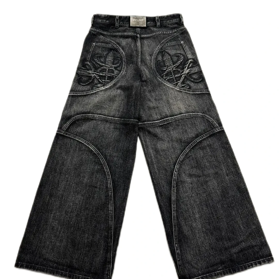 Y2k American Hip-hop Street Jeans negros bordados 2024 Nuevo estilo lavado Jeans de trabajo Y2k sueltos de pies anchos para hombres y mujeres