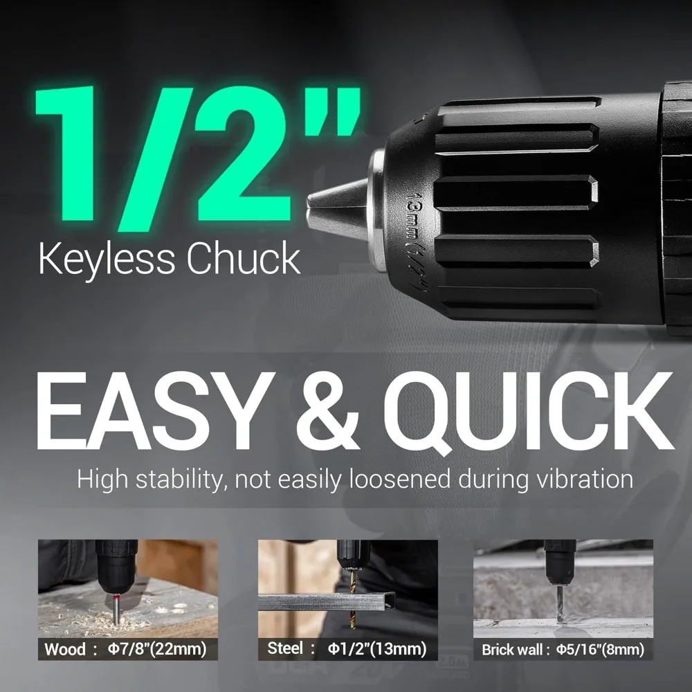 مجموعة مثقاب مطرقة لاسلكية 20 فولت، عزم دوران 354 رطل، ظرف بدون مفتاح 1/2 بوصة، 22500 IPM، سرعات متغيرة للخشب المعدني من الطوب