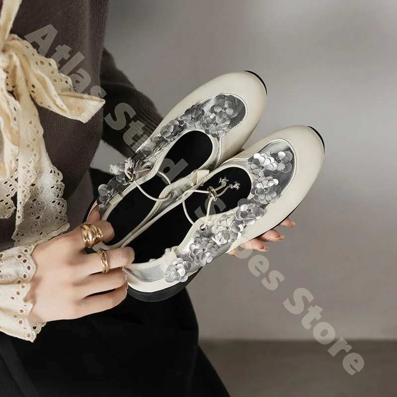 Women Flats Y2K Mary Jane Shoes French Retro Sweet Flower Applique Strap Ballet Loafers Vintage Comfortable Casual Daily Flats