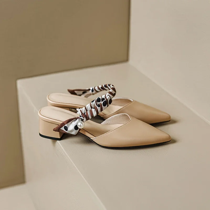 

Elegant Lady Slimming Pointed Toe Mid-Calf Leather Slippers Women's Half Slippers Chunky Heel Mules Comfortable Casual Shoes