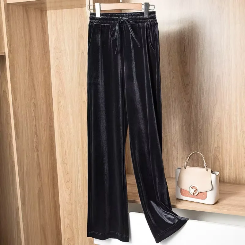 Big size Autumn Women Wide Leg Pants Casual High Elastic Waist Pockets velvet pants Fashion elegant Winter velour Trousers