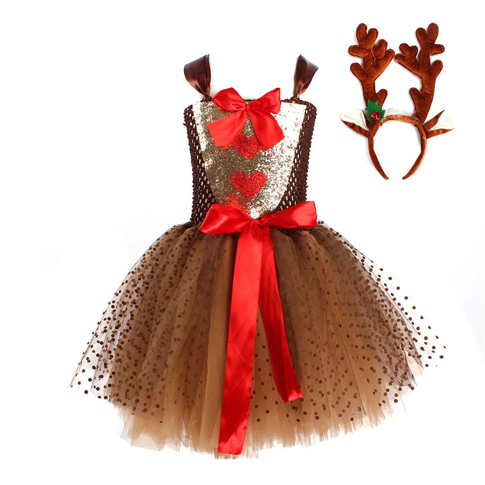 

Girl Christmas Dress With Red Nose Reindeer Headband Fluffy Skirt Christmas New Year Children'S Dress Holiday Party Dress Up
