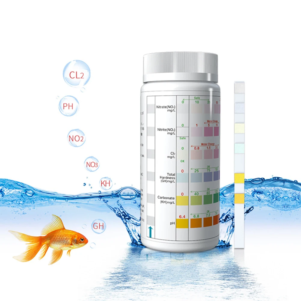 6 In 1 Fish Tank Water Quality Test PH Carbonate Hardness Chlorine Nitrite Nitrate Aquarium Water Quality Test 100 Strips