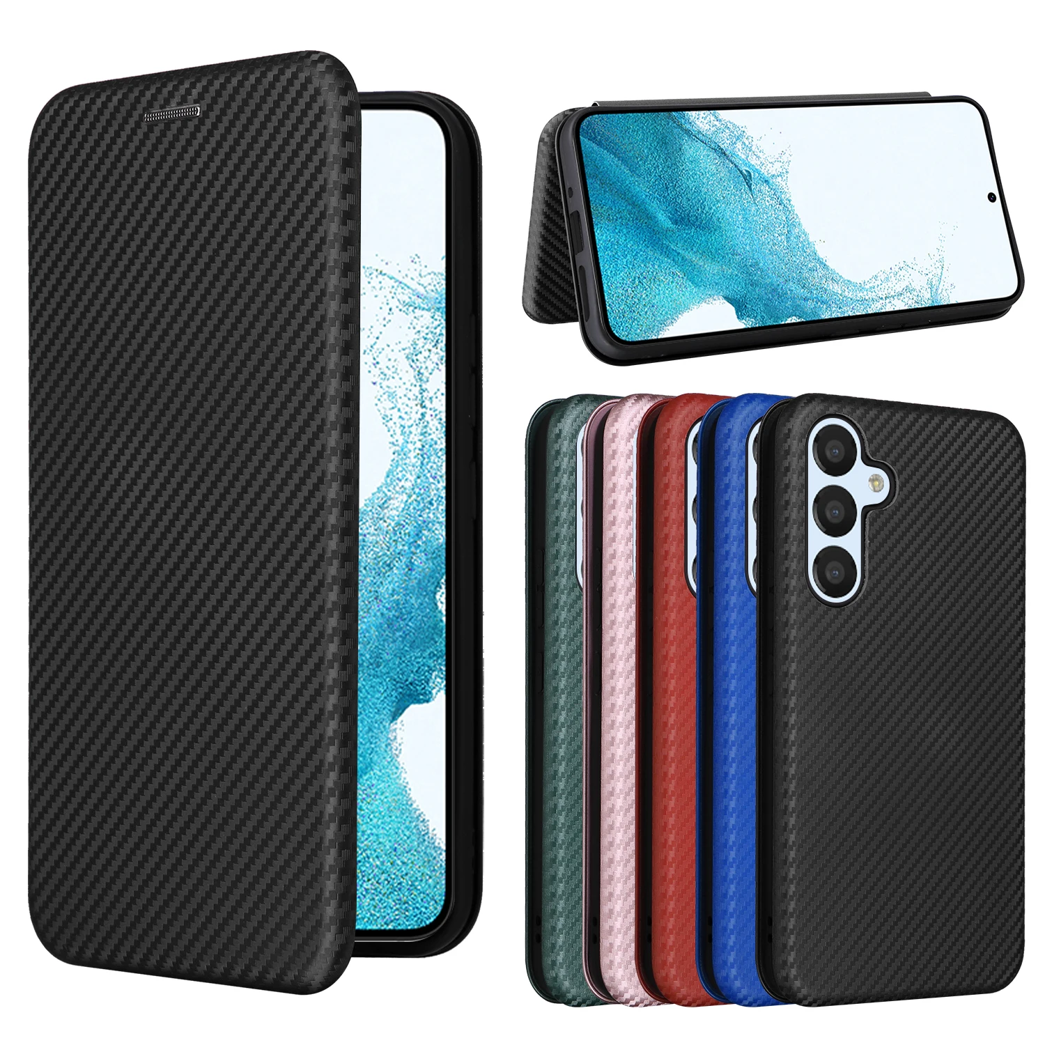 

Carbon Fiber Pattern Leather Wallet Flip Case For Samsung Galaxy A54 A34 A14 A53 Magnetic Adsorption Cover Ring Bag Card Slot