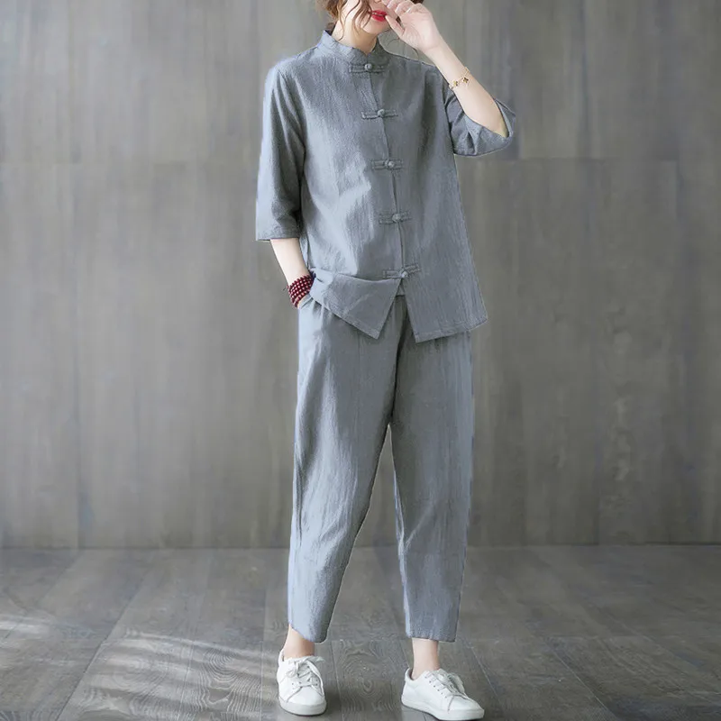 

Young Women's Cotton Lin Tang Suit Zen Style Buddhist Casual Wear Two-Piece Set Traditional Chinese Dress Summer Fashion