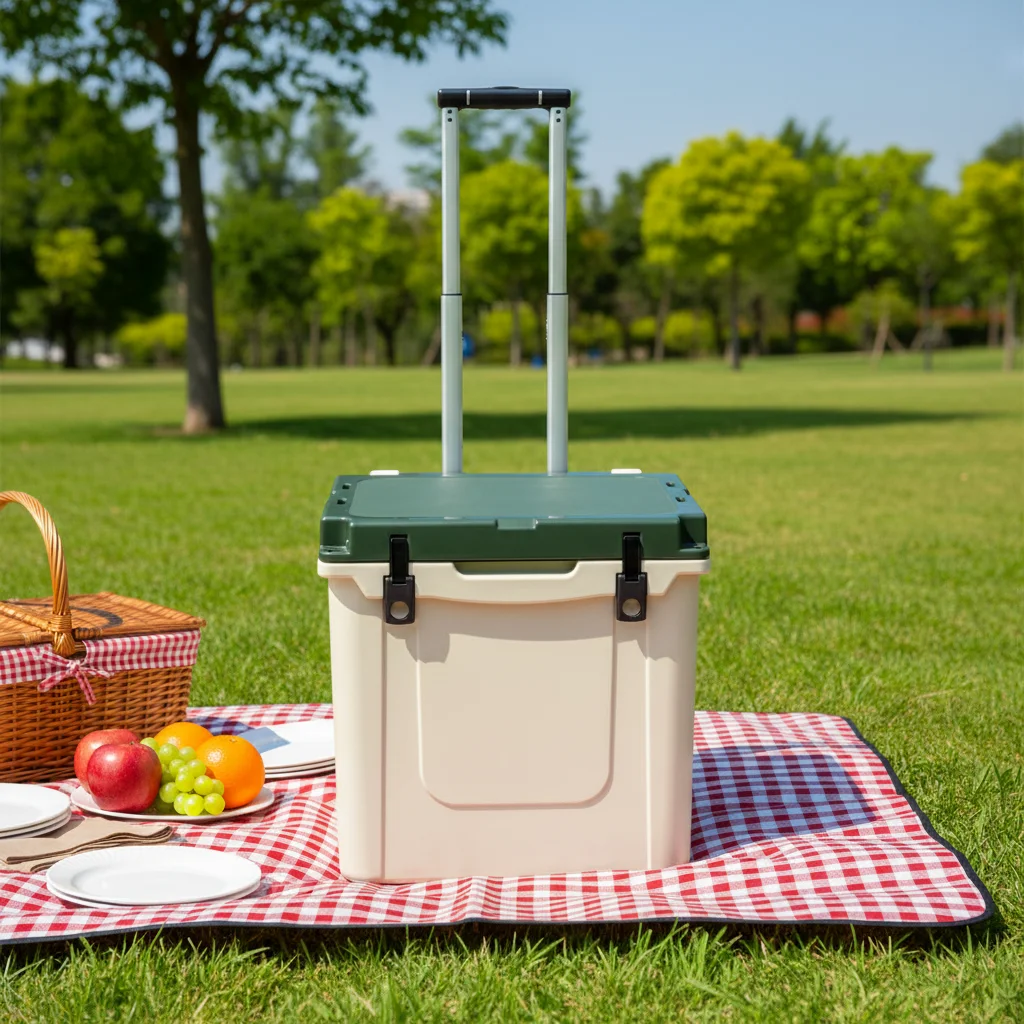 45QT Heavy-Duty Rotomolded Wheeled Thermal Cooler Box Modern Portable Ice Chest Camping Travel Fishing Custom Solar Panel Cans