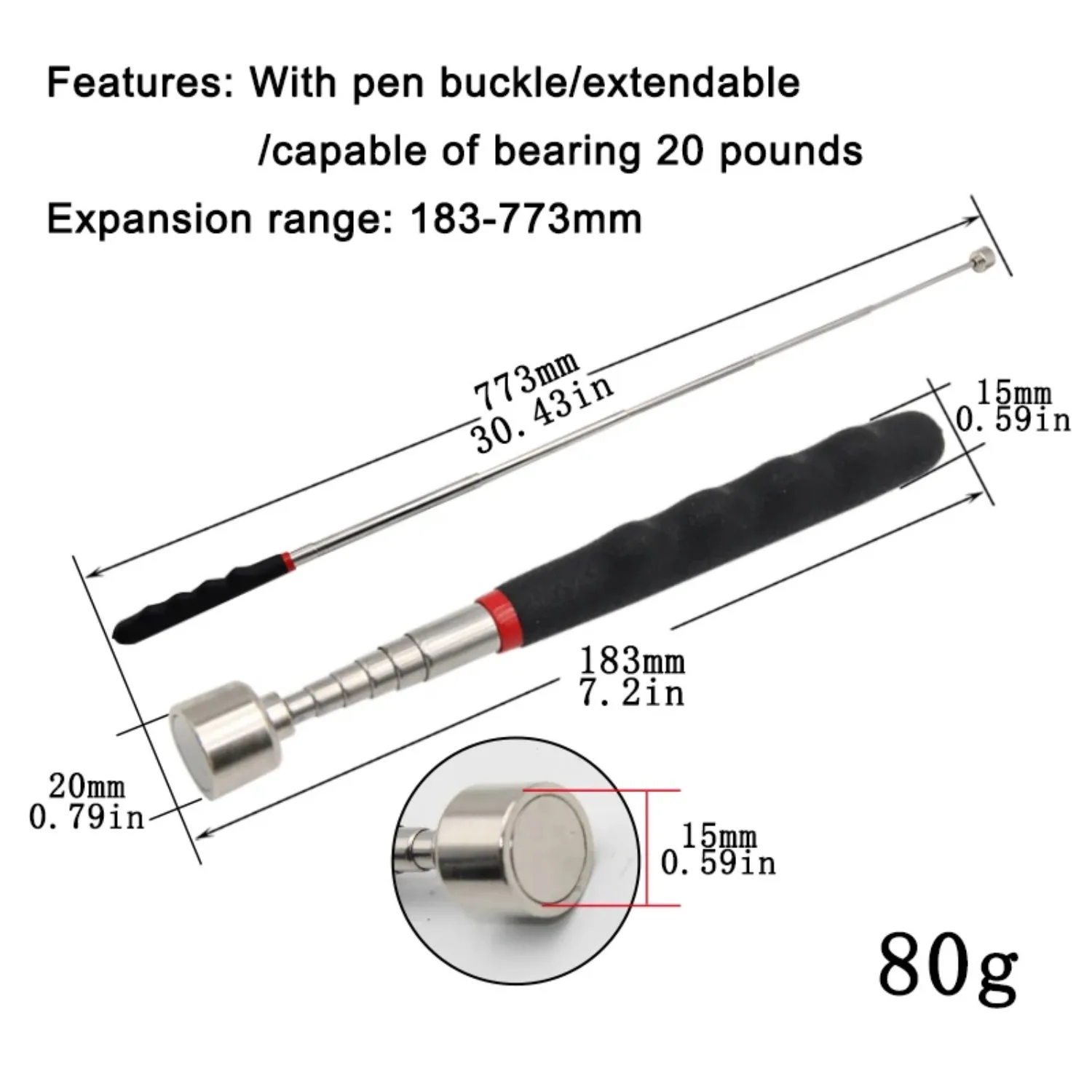 Telescopic Magnetic Pickup Tool 20LB Magnet Stick 30in Extendable Magnet with Pocket Clip Useful for Hard-to-Reach Picking Tool