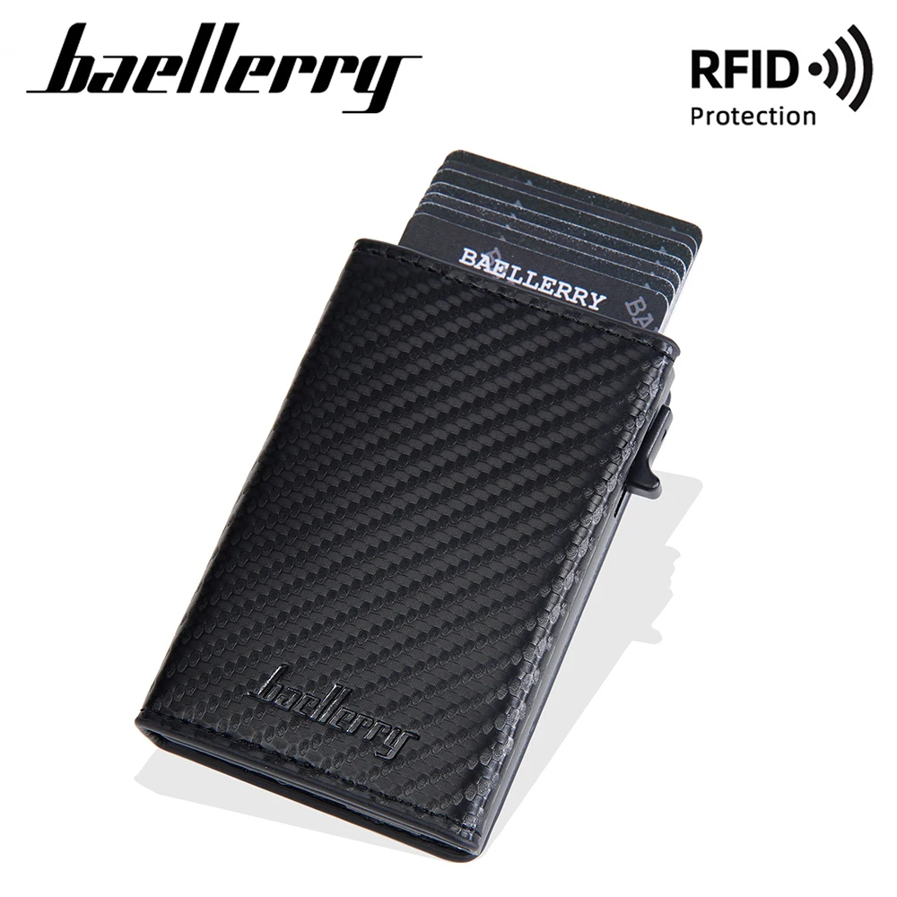 

Кошелек Baellerry из алюминиевого сплава с боковым нажимом, чехол для карт из углеродного волокна с блокировкой RFiD для мужчин с застежкой-застежкой, антиэлектромагнитный