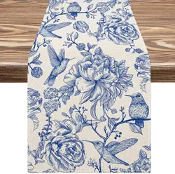 Blue White Monochrome Sketch Birds Flower Linen Table Runner Dresser Scarves Farmhouse Kitchen Table Runner Party Decorations