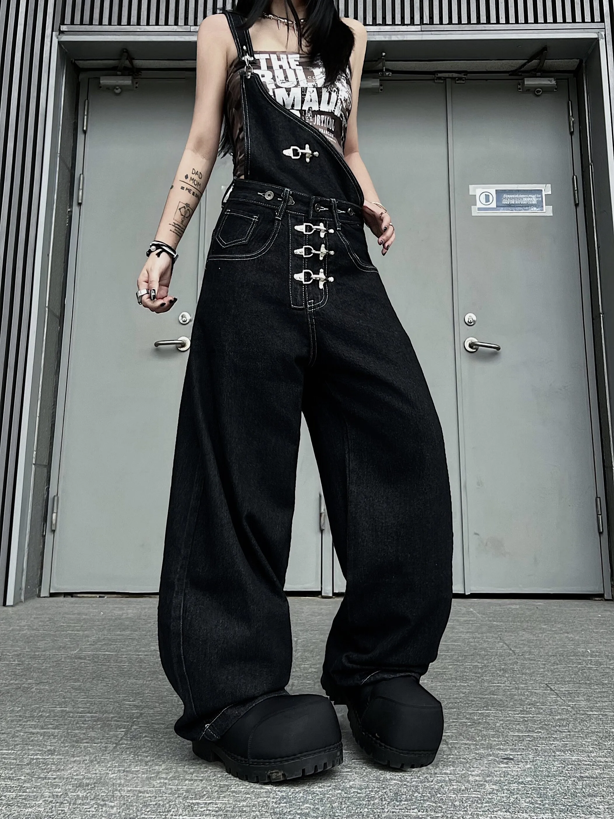 

American High Street Retro Detachable Three-Way Aircraft Buckle Single Shoulder Strap Jeans Unisex Baggy Wide Leg Pants