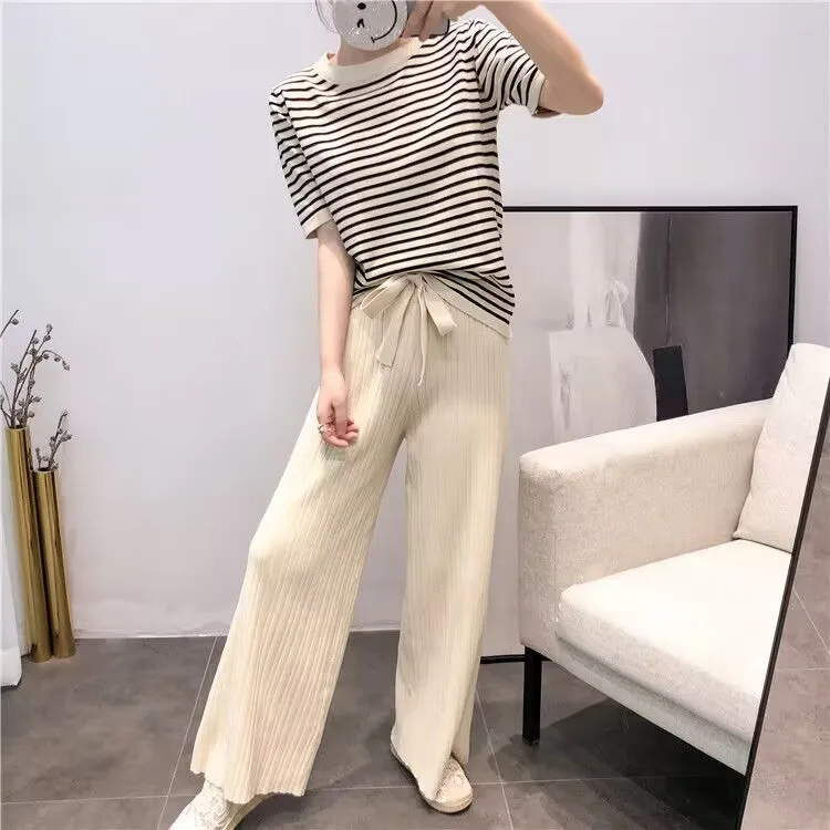 Vintage O-neck Short Sleeve Stripe T Shirt+ High Waist Wide Leg Pants Sweatsuits For Women Korean Fashion Streetwear Pants Sets