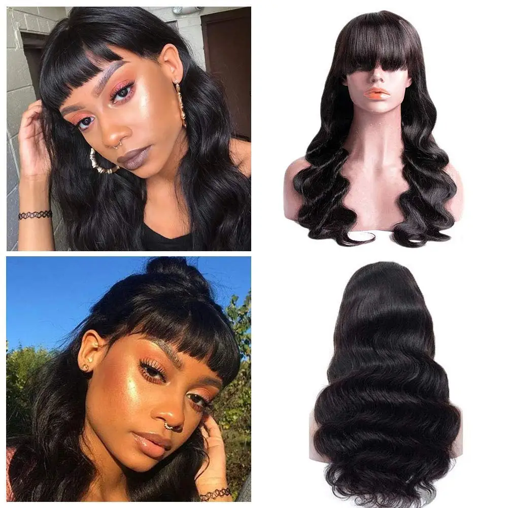 Perucas de onda do corpo com Franja para Mulheres Negras, Cabelo Virgem Brasileiro, Nenhum Lace Front, Glueless, Máquina Completa Feita, 30 in