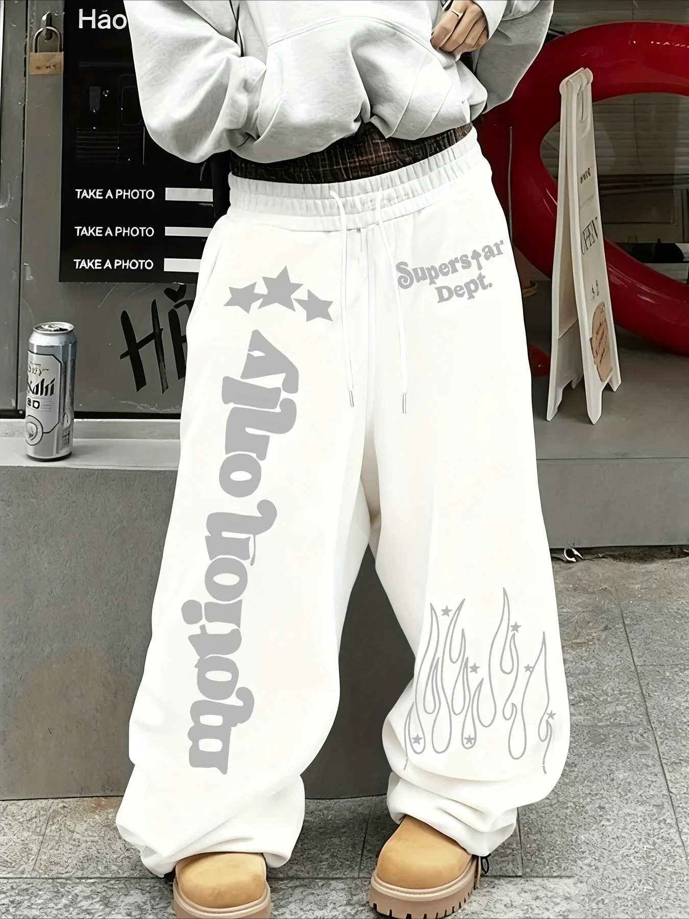 Unisex Hip Hop Streetwear 3D Flame Star Letter Print Quick Dry Straight Pants Elastic Drawstring Waist Trousers Street Outfit