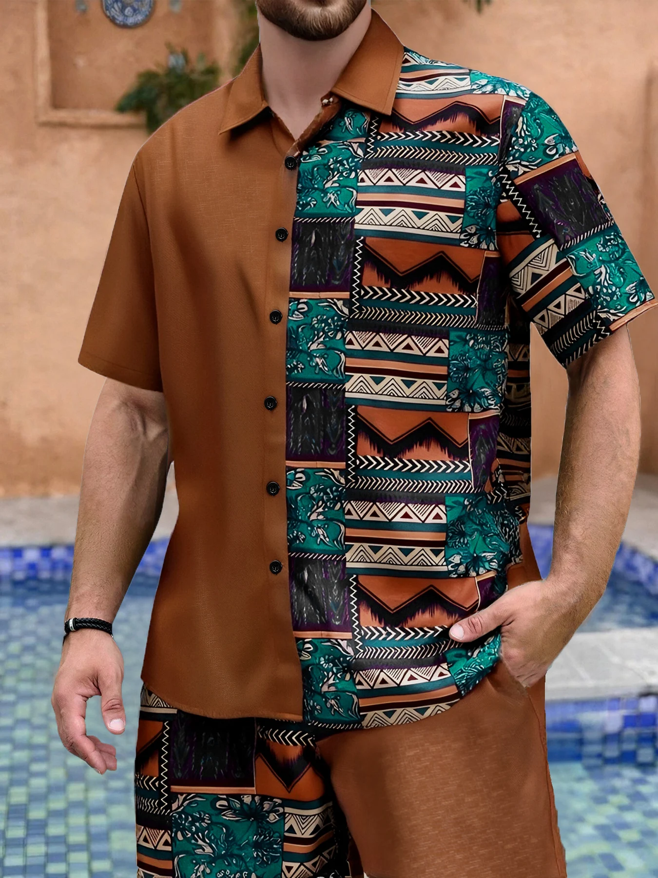 

Men's Brown & Green Ethnic Patchwork Print Casual Set 2 Piece Lapel Collar Shirt & Drawstring Shorts Outfit