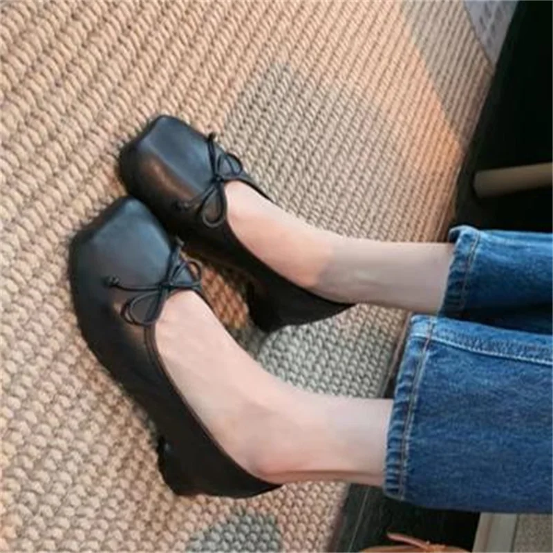 Butterfly-knot Shoes for Ladies Square Toes Women Low Heels Bow-tied Zapatos De Mujer Solid Shallow Sewing Lines Female Ballets