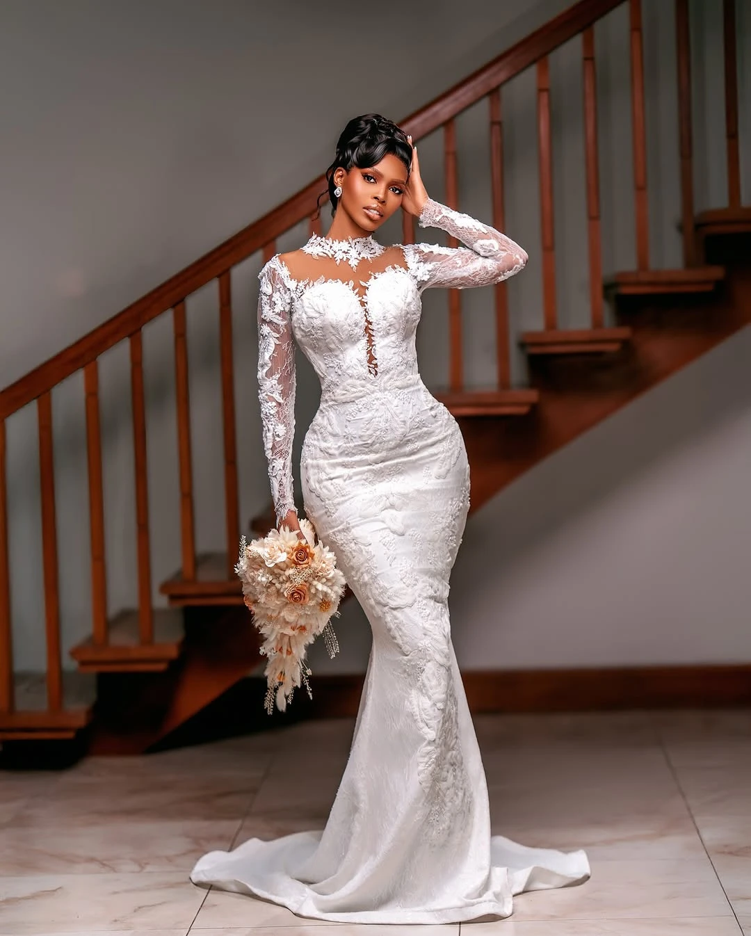 Robe De mariée sirène africaine personnalisée, col haut, avec des Appliques en dentelle, manches longues, Vintage