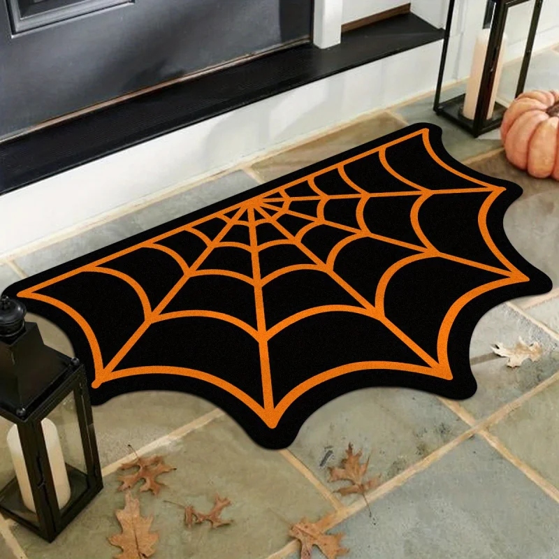 VIKAMA Bat‑Shaped Spider Web Doormat Orange Black Non‑Slip Floor Mat For Front Door Porch Halloween Home Decor