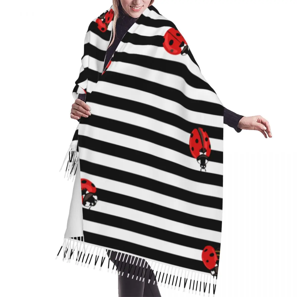 

Tassel Scarf Large 196*68cm Pashmina Winter Warm Shawl Wrap Bufanda Female Red Ladybugs On Stripes Cashmere Scarves