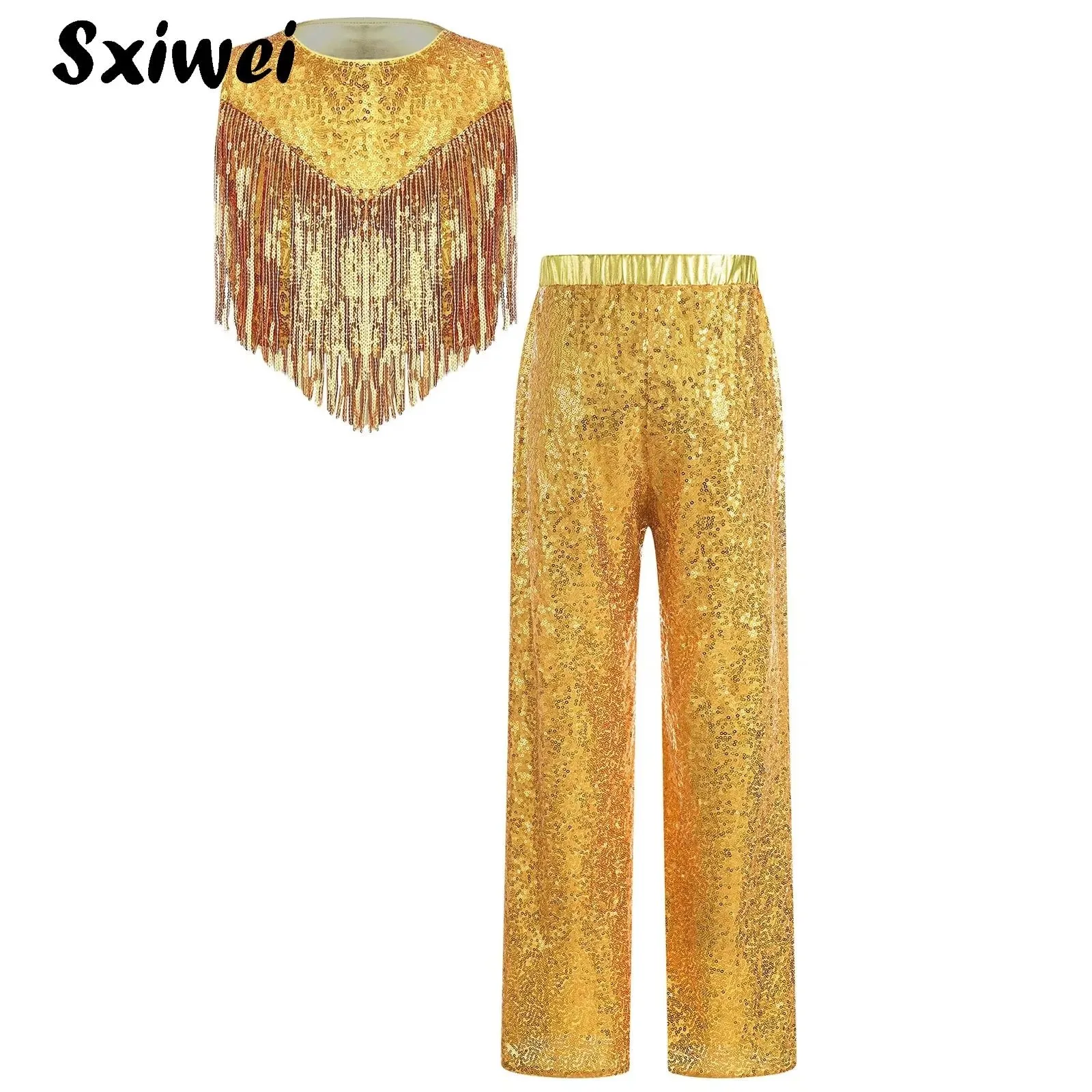 

Children Sequins Jazz Dance Modern Cheerleading Hip Hop Costume Outfit For Girls Performance Tassels Crop Top And Trousers Pants
