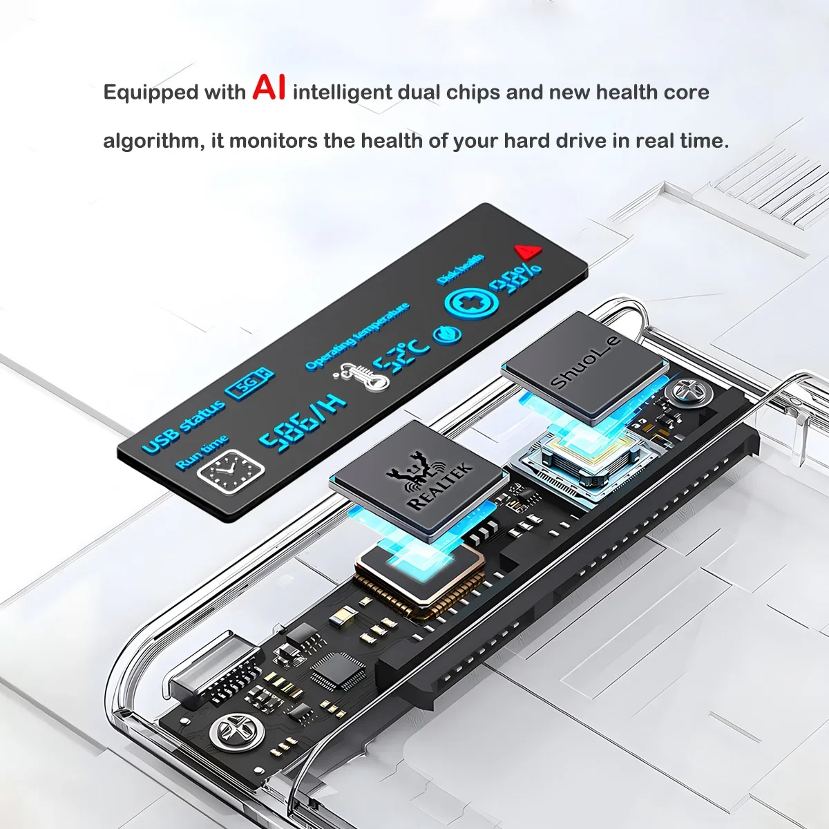 Boîtier de disque dur SSD 2.5 pouces, boîtier de disque dur Transparent avec écran d'affichage SATA vers USB 3.0
