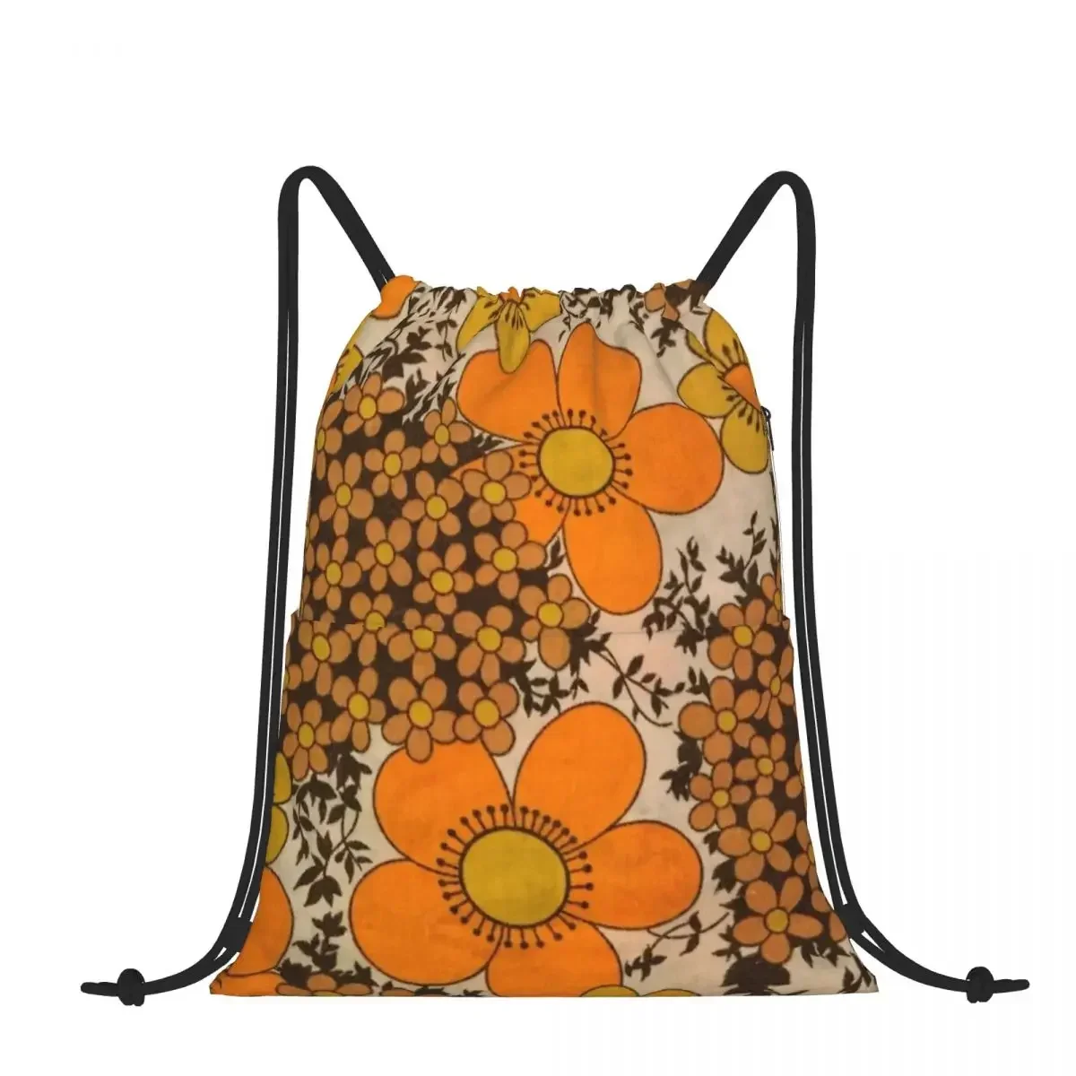 

Drawstring Backpack 60s 70s Orange Floral Shoulder Bag Zipper Pocket Sports & Travel Hikes Portables Bag