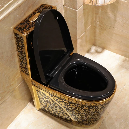 Golden Toilet,Luxury Modern One Piece Dual-Flush Black Gold Toilet Bowl With Ceramic Material
