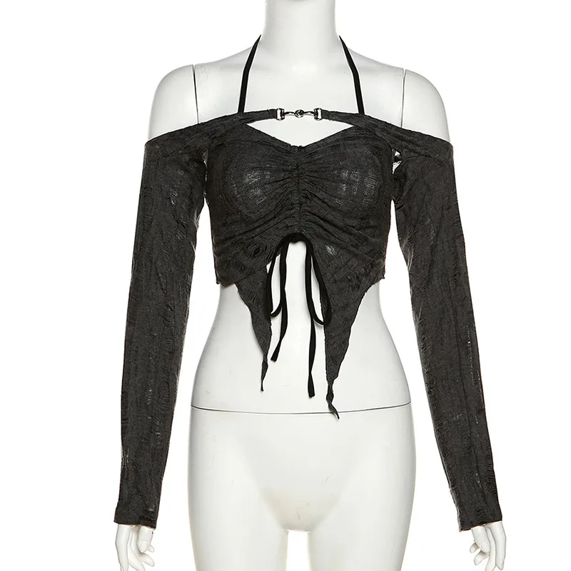 2025 Summer Sexy Drawstring Women T-shirts 2 Piece Set Y2k Distress Camisole Long Sleeve Buckle Tee Tops Hot Girls Clothes