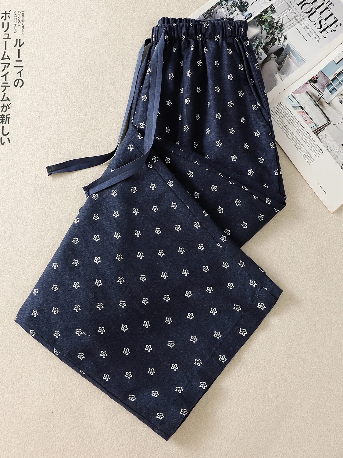 Retro Floral Print Cotton Linen Wide Leg Pants Loose Elastic Waist Casual Slimming Summer Nine Points Women's plus Size Trousers