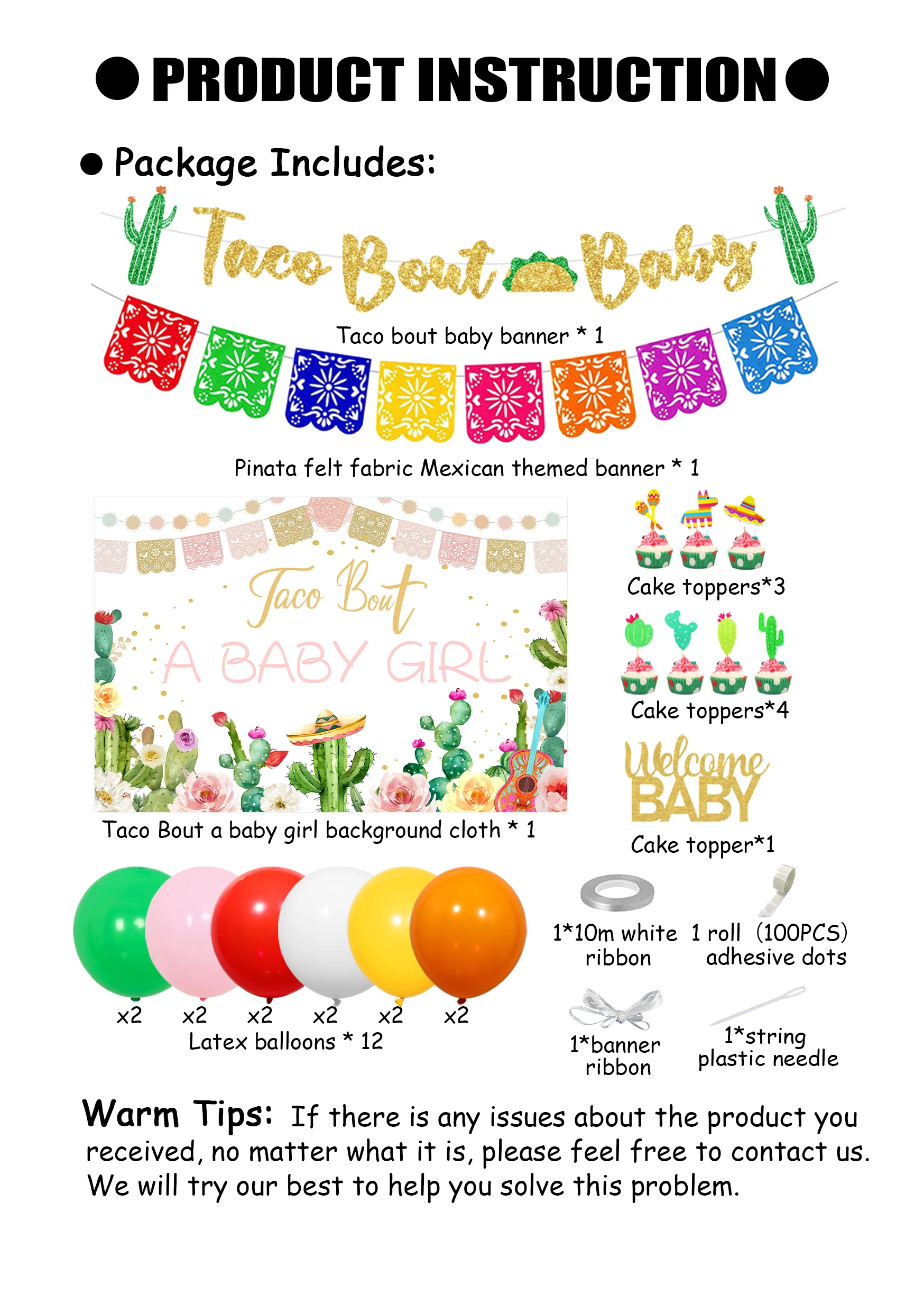 Taco Bout A Baby Girl Mexican Theme Baby Shower Decor with Fiesta Backdrop Cake Toppers for Cinco De Mayo Girl Party Supplies