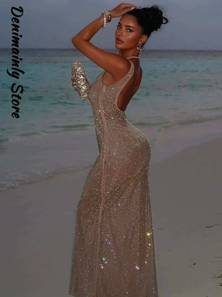 Vestido de noche de fiesta Gliter para mujer, vestido largo ajustado sin mangas con cuello cuadrado y espalda descubierta, vestidos elegantes de verano 2025 para mujer