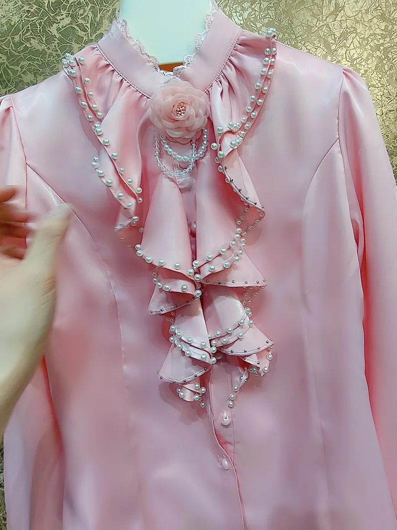 Sweet Ruffled Stringy Pearl Collar Flower Long Sleeve Shirt Spring Autumn Retro Puff Sleeve Glossy Fabric Pink Shirt Women