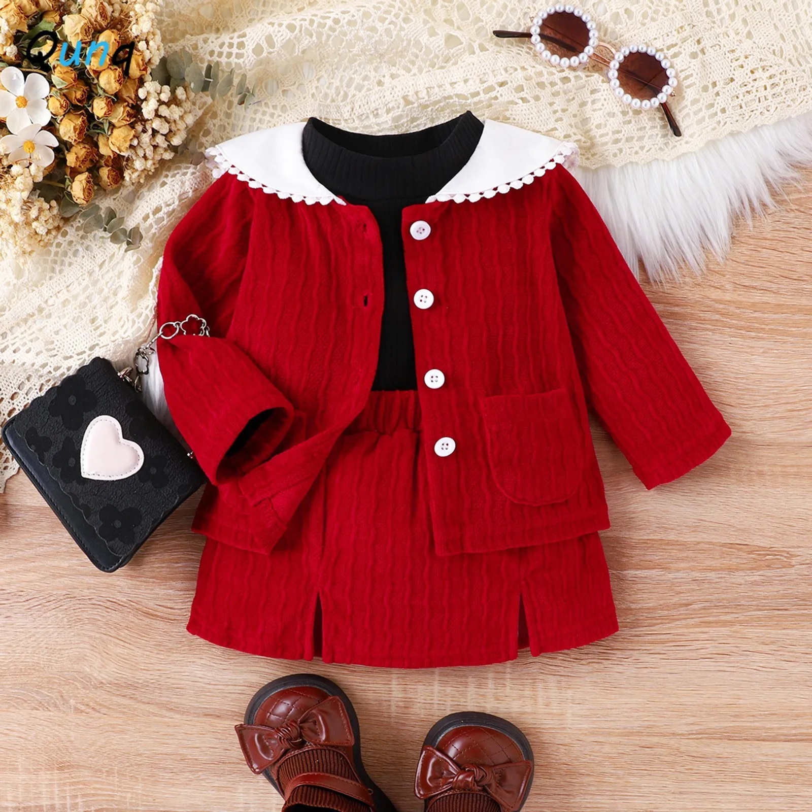 

Qunq 2023 Autumn Baby Girls Doll Collar Single-breasted Coat And Long Sleeve Top+Skirt 3 Piece Set Casual Kids Cothes Age 1T-3T