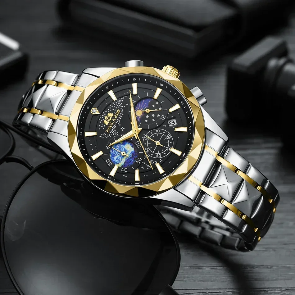 Luksusowe zegarki dla mężczyzn Luminous Chronograph Gold Blue Starry Sky Quartz Casual Diamond Shaped Bezel Stainless Steel Reloj Hombre